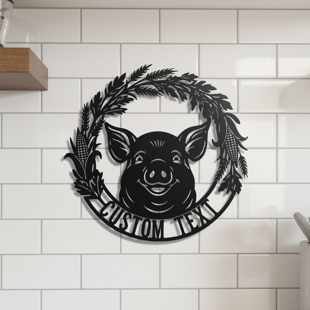 Personalized pig head farm sign with leaf wreath and name in black steel – image 4