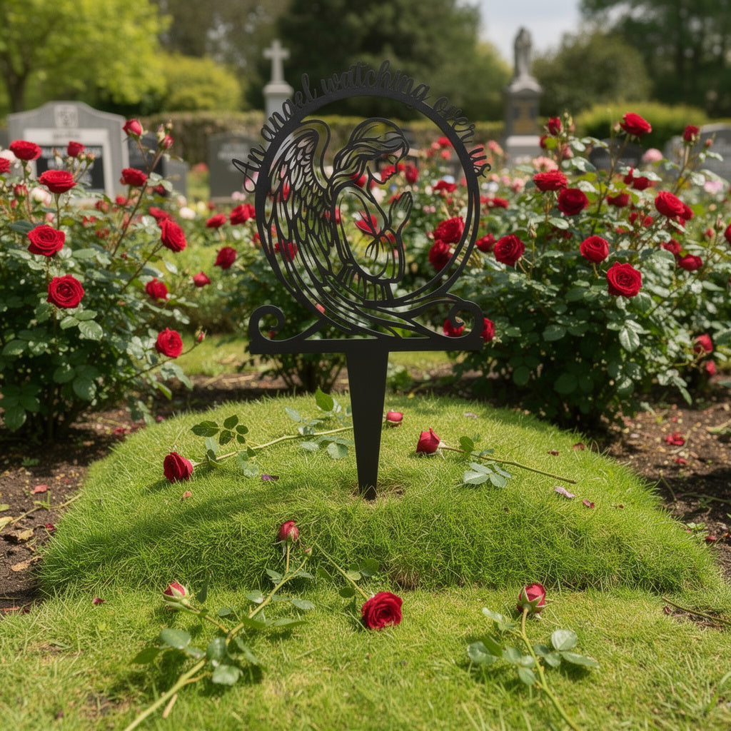 Praying angel memorial stake with An Angel Watching Over Us in black steel – image 8