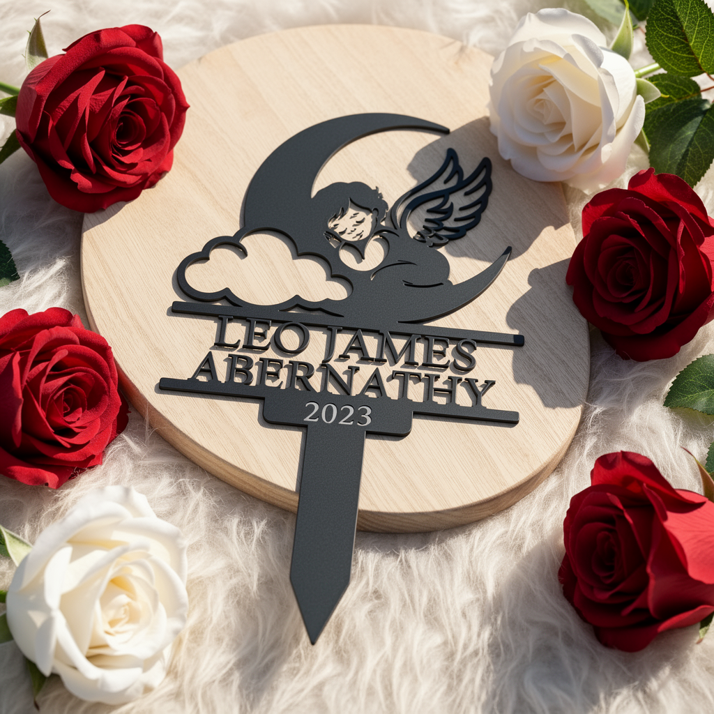 Personalized memorial stake with sleeping angel on crescent moon and cloud in black steel – image 6