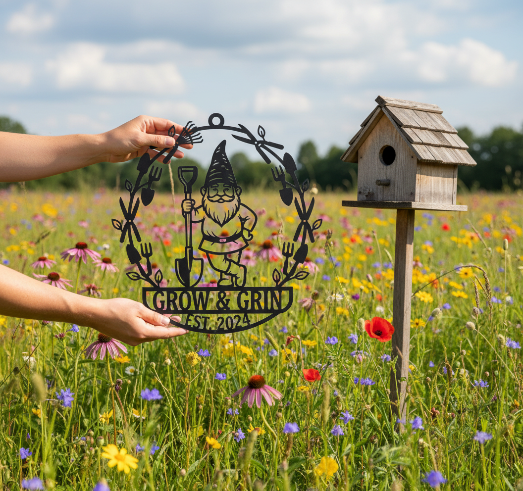 Personalisiertes Gartenschild mit Gartenzwerg und Schaufel im Blätterkranz aus schwarzem Stahl – Bild 7
