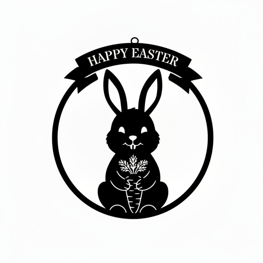 Round Happy Easter metal sign with bunny and carrot in black steel – image 10