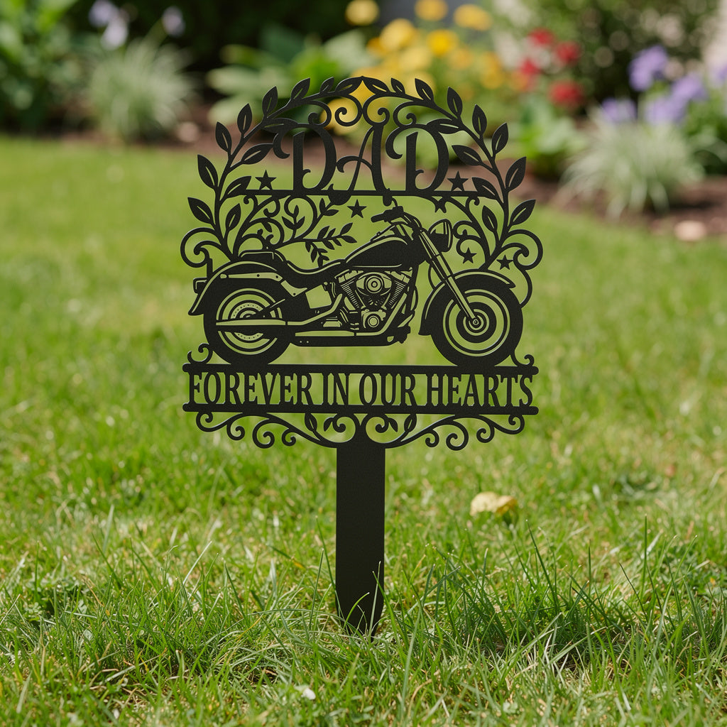 Dad motorcycle memorial garden stake in black steel for a biker father – image 10