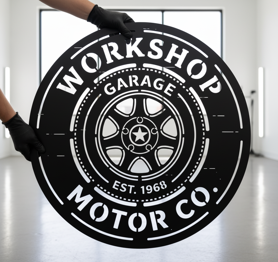 Personalized round Motor Co. garage sign with wheel rim in black steel – image 7