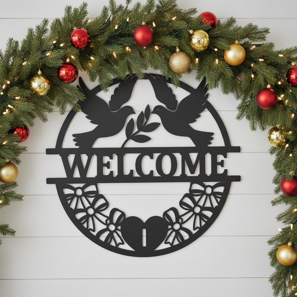 Round welcome sign with two doves and olive branch in black steel – image 8