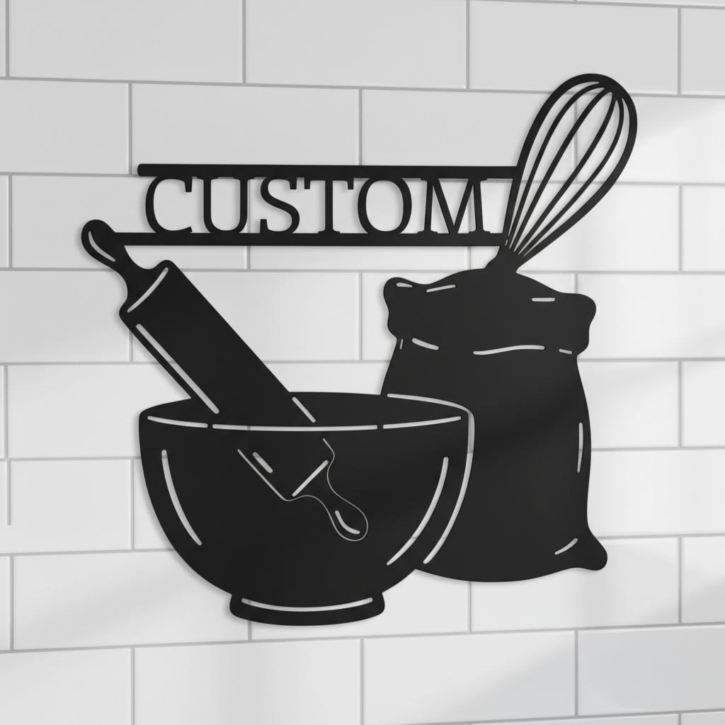 Personalized baking kitchen sign with mixing bowl, whisk and flour in black steel – image 2