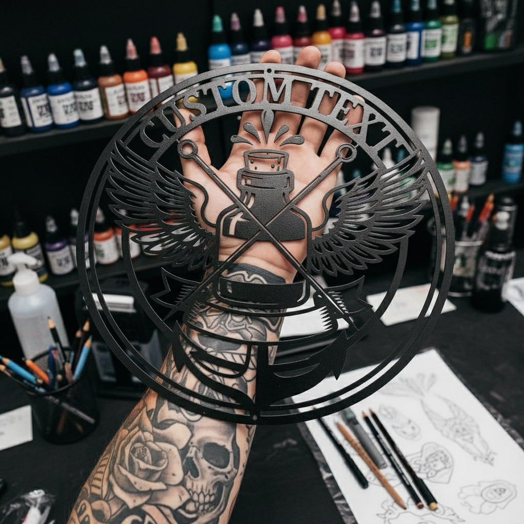Personalisiertes rundes Tattoo Studio Schild mit Tintenflasche, Flügeln und Anker aus Stahl