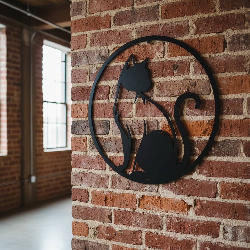 Round cat profile silhouette metal wall art in black steel – image 9