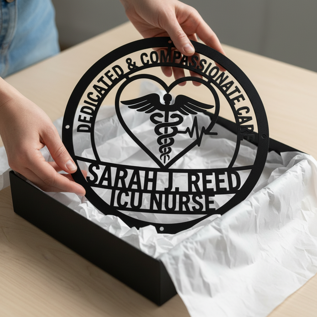 Personalized Compassionate Care nurse sign with caduceus and name in black steel – image 3