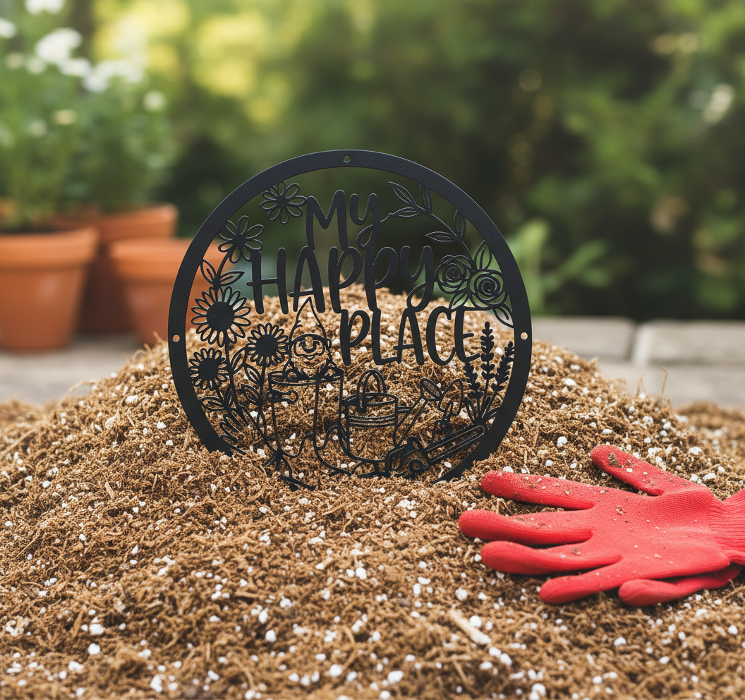 My Happy Place Gartenzwerg mit Blumen Metallschild rund – Bild 4
