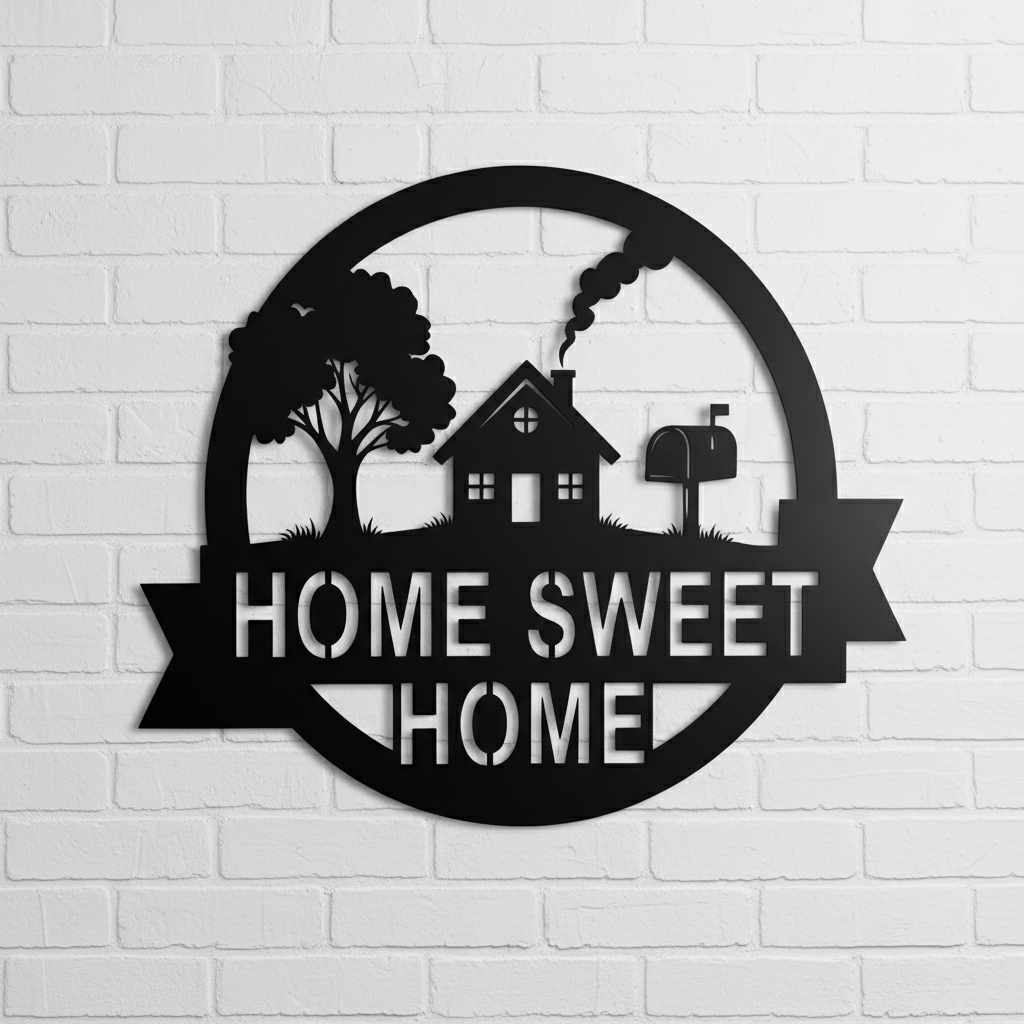 Round Home Sweet Home metal sign with house and mailbox in black steel – image 6