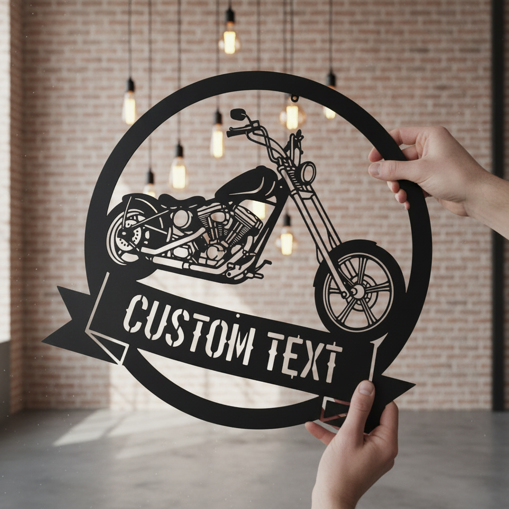 Personalized chopper motorcycle garage sign with name in black steel – image 10