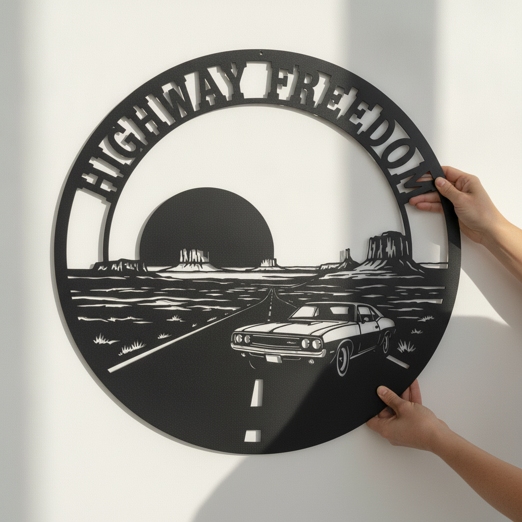 Rundes Route 66 Metallschild „Highway Freedom“ mit Muscle Car aus schwarzem Stahl – Bild 2