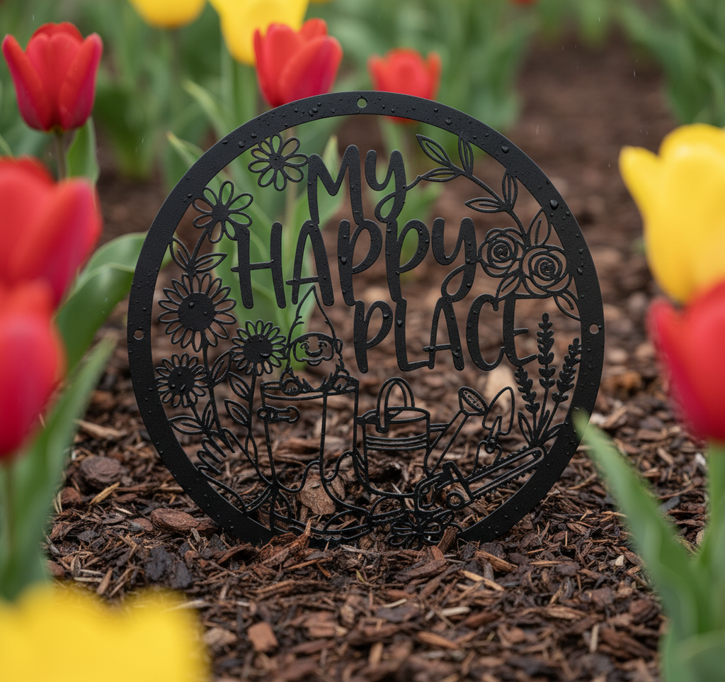 Round My Happy Place garden gnome sign with flowers in black steel – image 3