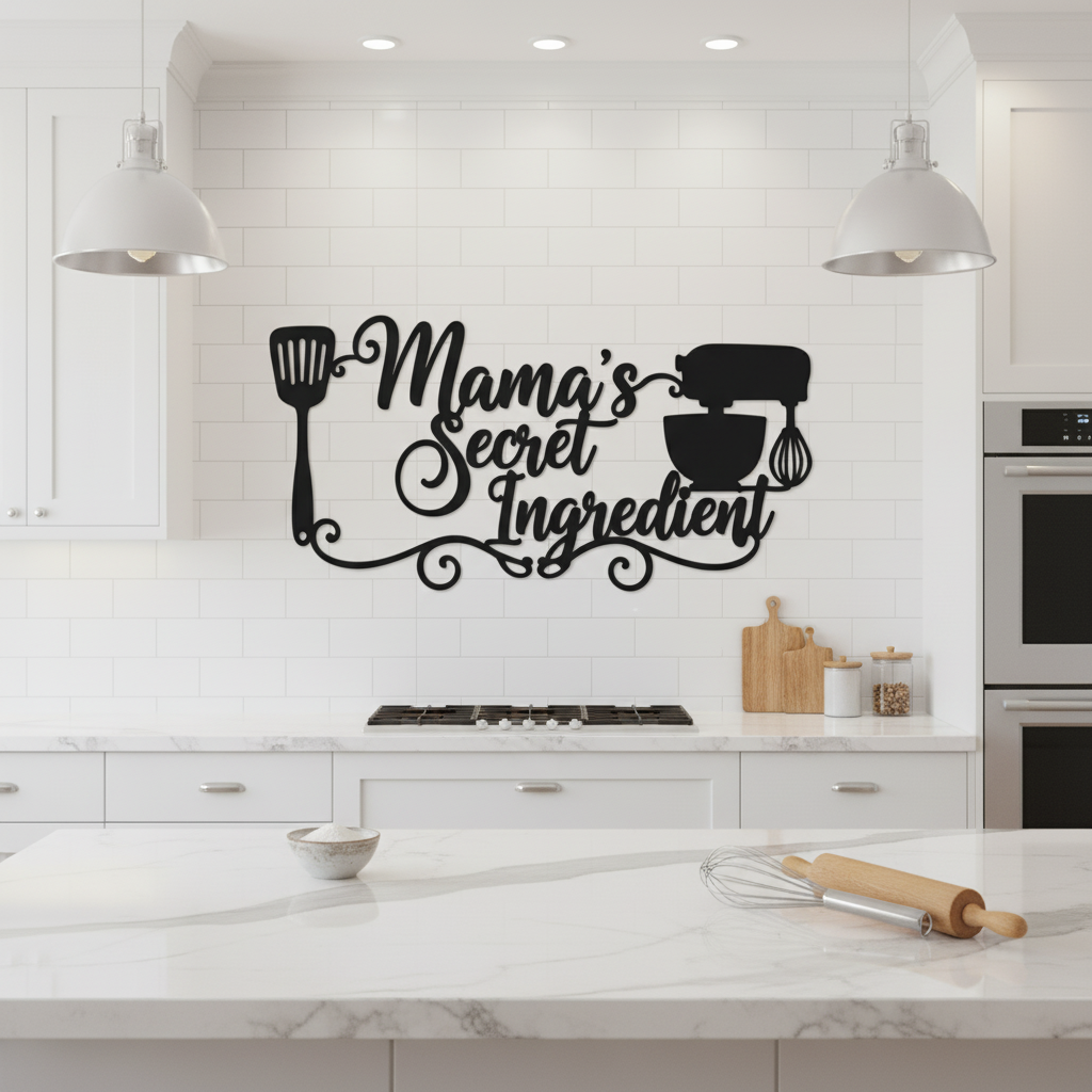 Küchenschild Mama’s Secret Ingredient mit Küchenmaschine aus schwarzem Stahl – Bild 6