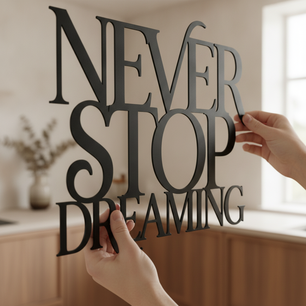 Metallschild mit Spruch Never Stop Dreaming als Wanddeko aus schwarzem Stahl – Bild 7