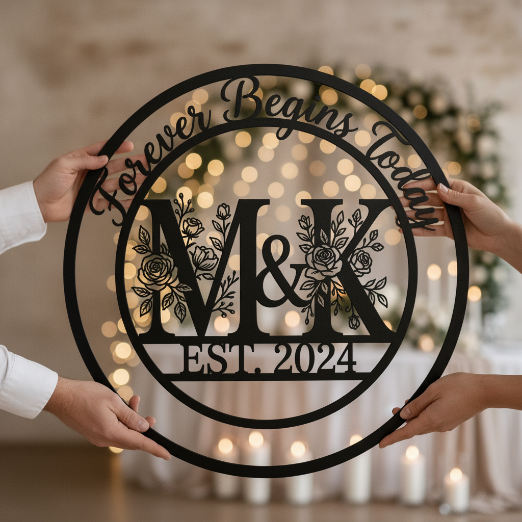 Personalisiertes Hochzeitsschild Forever Begins Today mit Monogramm, Namen und Datum – Bild 9