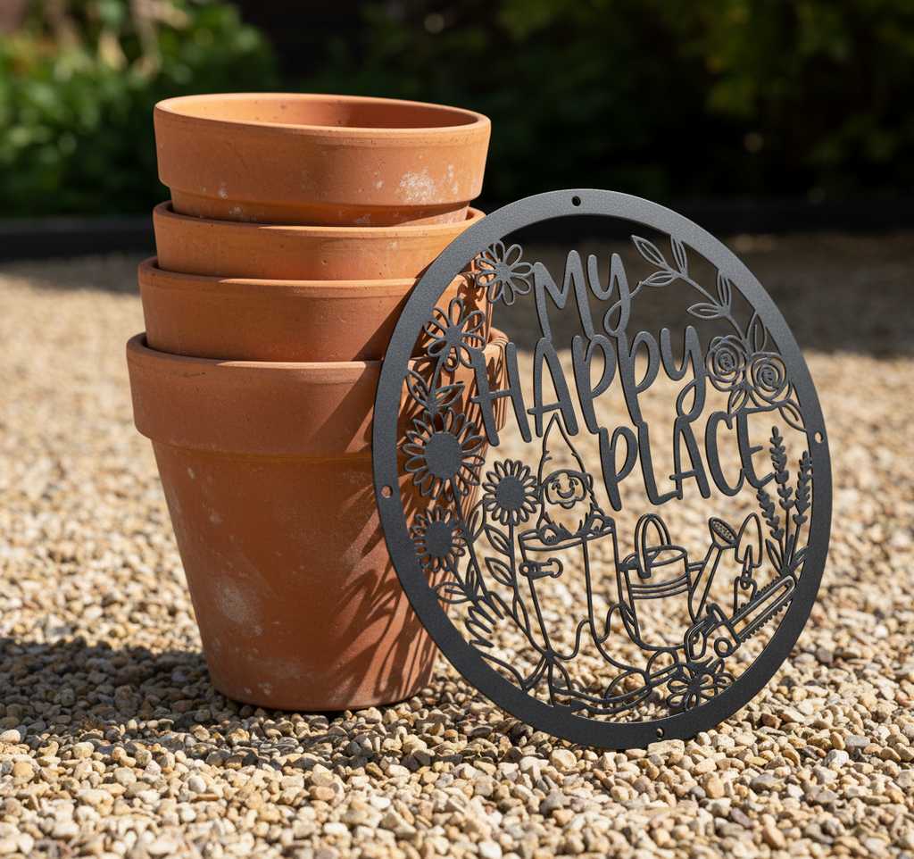 Round My Happy Place garden gnome sign with flowers in black steel – image 9