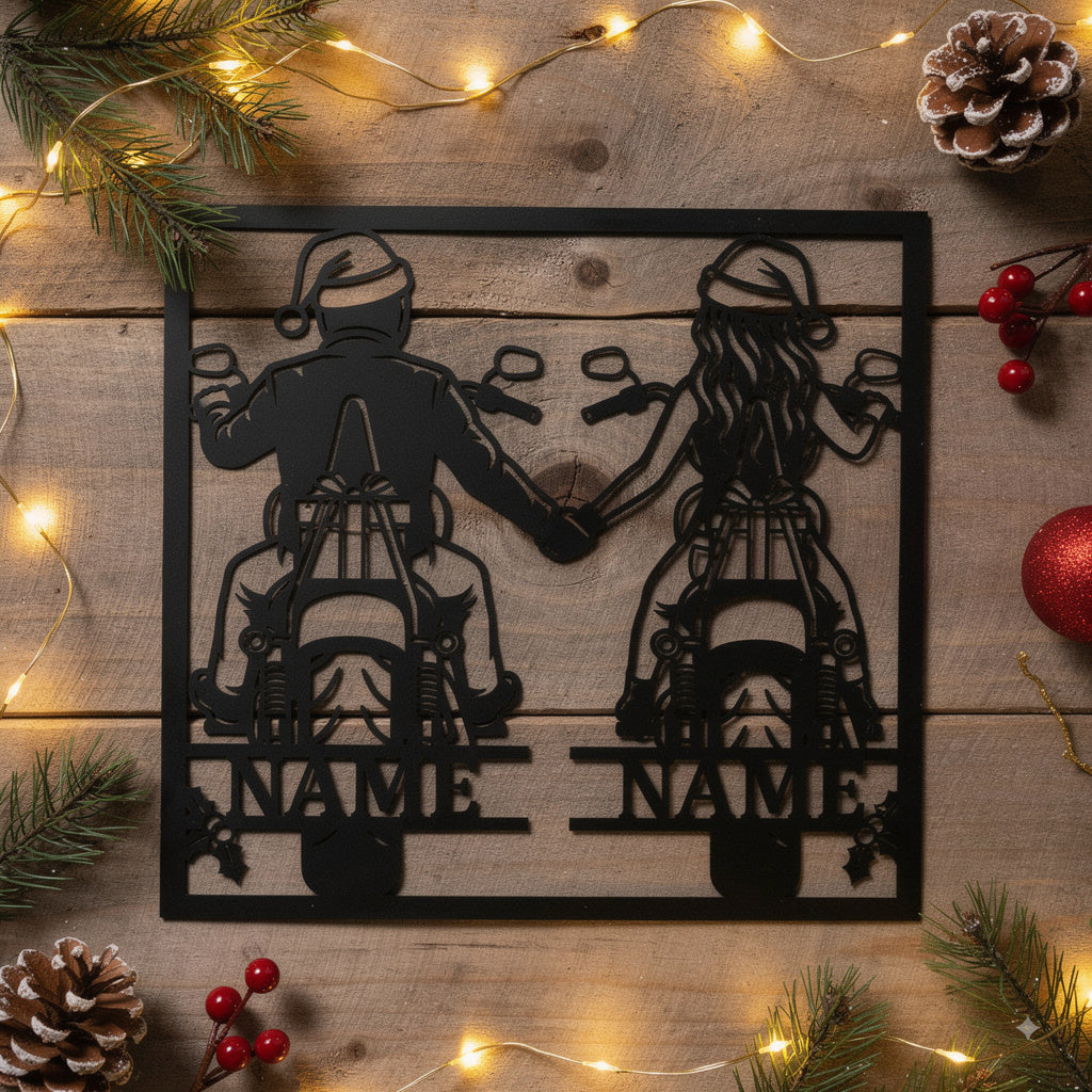 Personalized Christmas biker metal sign with name in black steel – image 6