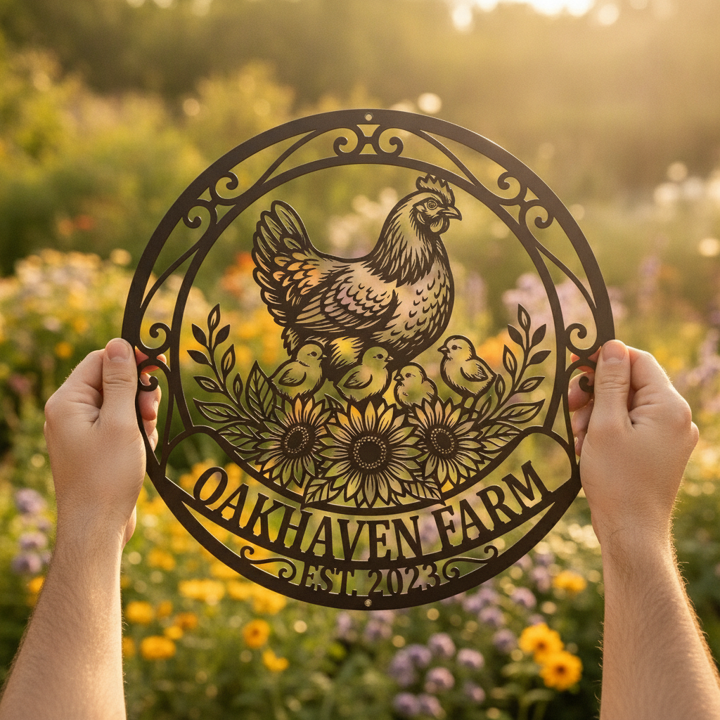 Personalisiertes Hofschild rund mit Henne, Küken und Sonnenblumen – Bild 8