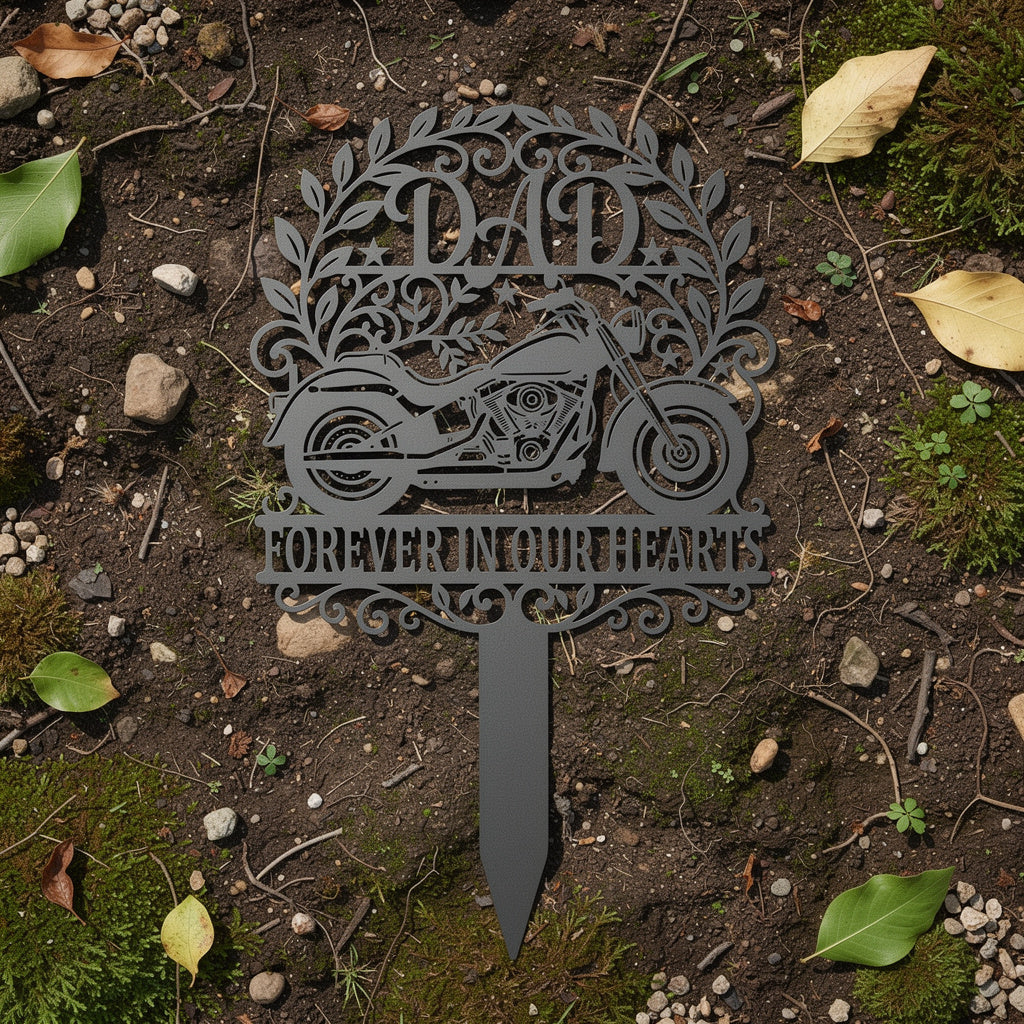 Dad motorcycle memorial garden stake in black steel for a biker father – image 7