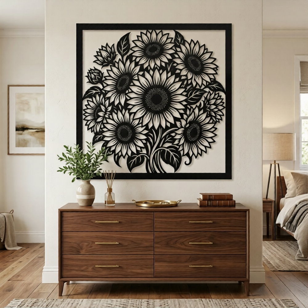 Quadratische Sonnenblumen Wanddeko aus Metall mit Sonnenblumenstrauß aus schwarzem Stahl – Bild 2