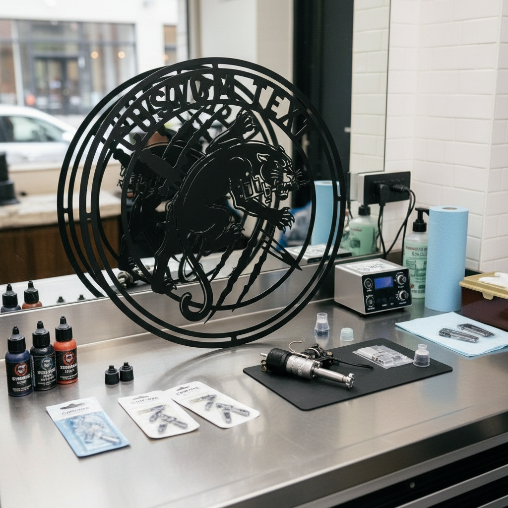Personalized round tattoo studio sign with panther, tattoo machine and dagger in steel – image 2
