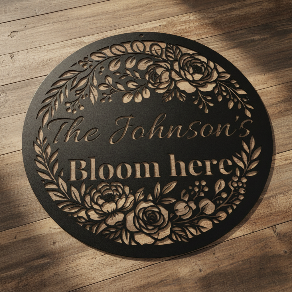 Personalisiertes Familienschild Bloom Here mit Blumen aus rundem schwarzem Stahl – Bild 6