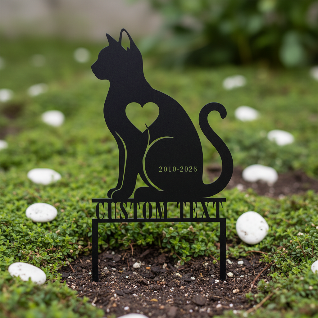 Personalisierter Gedenkstecker Katze in Herzform mit Namen aus schwarzem Stahl – Bild 9
