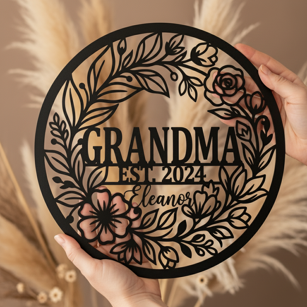 Personalisiertes Oma Metallschild mit Blumenkranz, Namen und Jahr – Bild 7