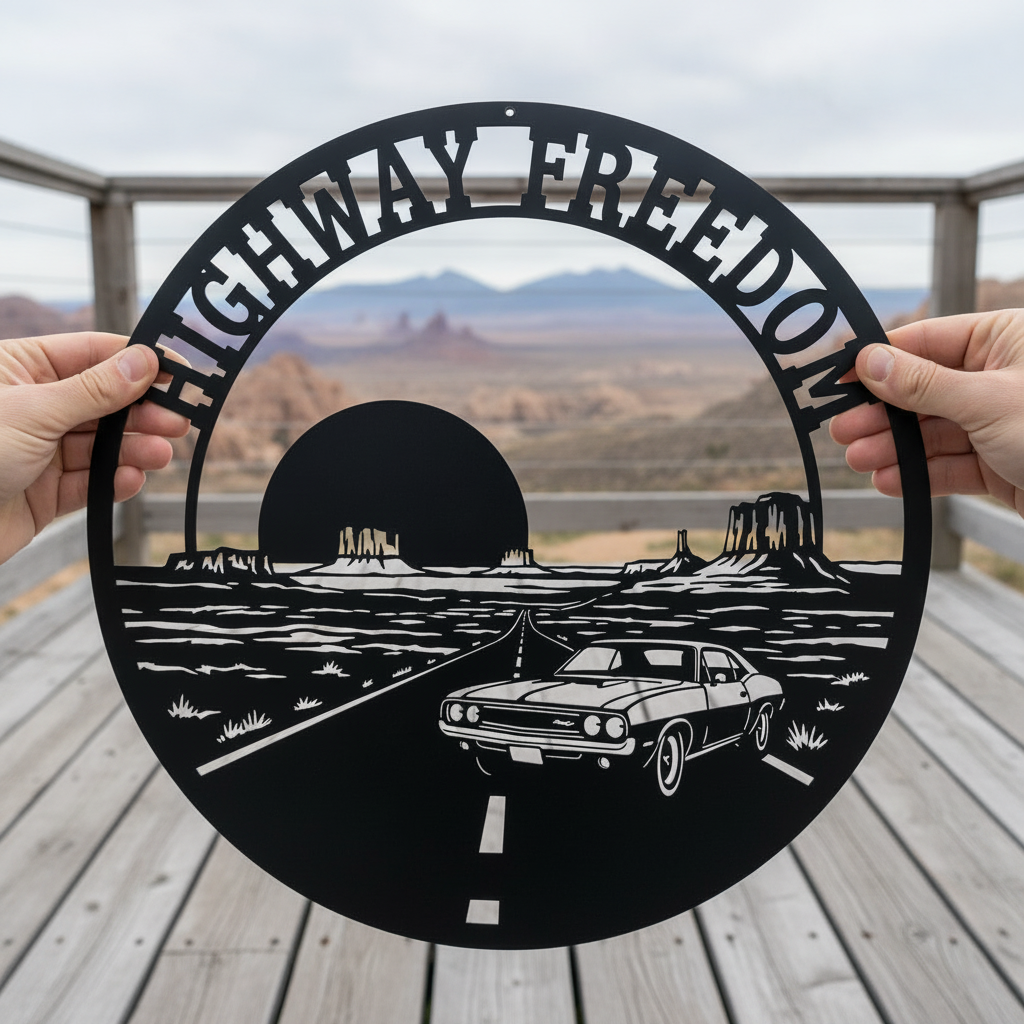 Rundes Route 66 Metallschild „Highway Freedom“ mit Muscle Car aus schwarzem Stahl – Bild 9