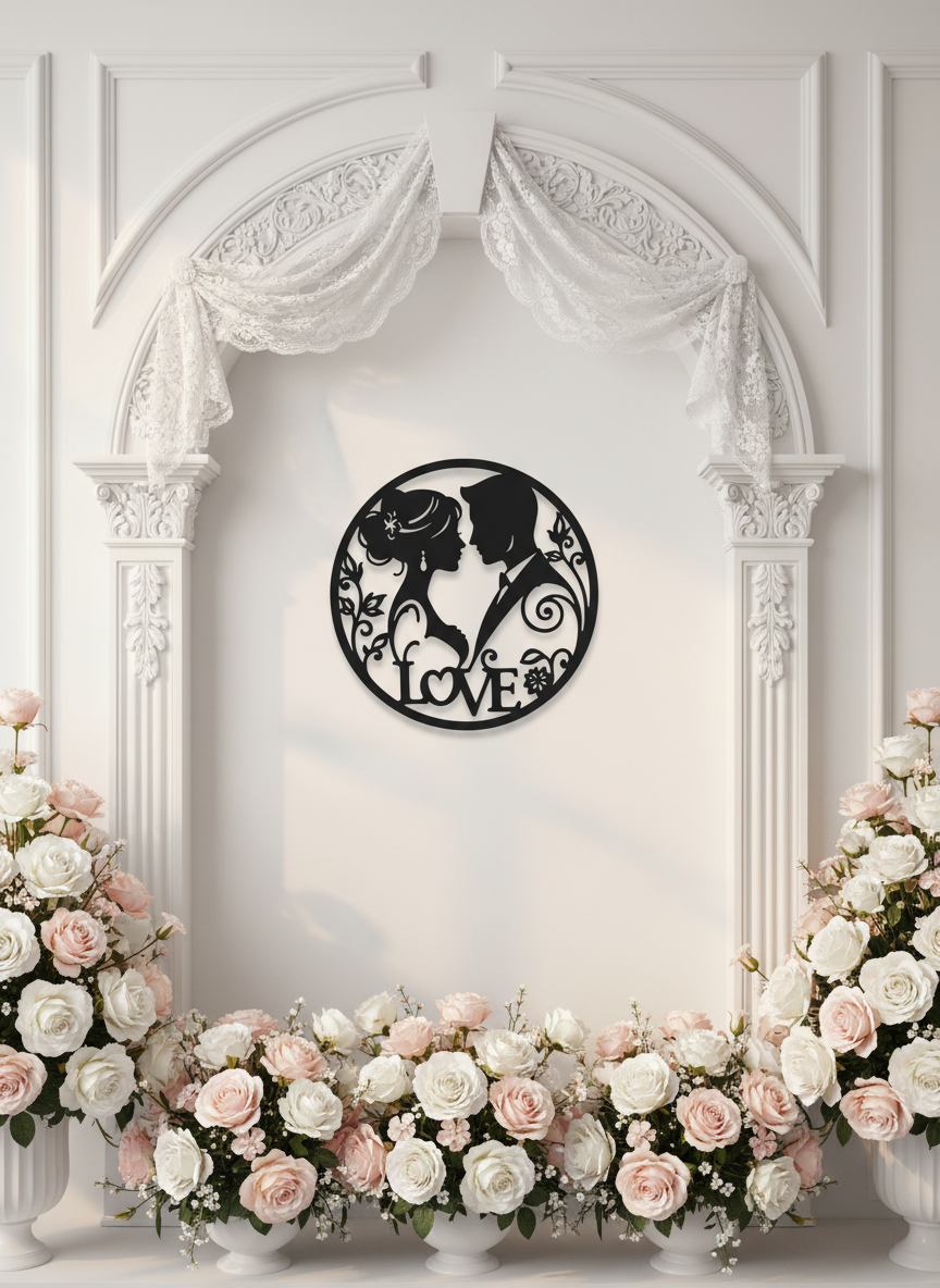 Round bride and groom silhouette metal wall art in black steel – image 5