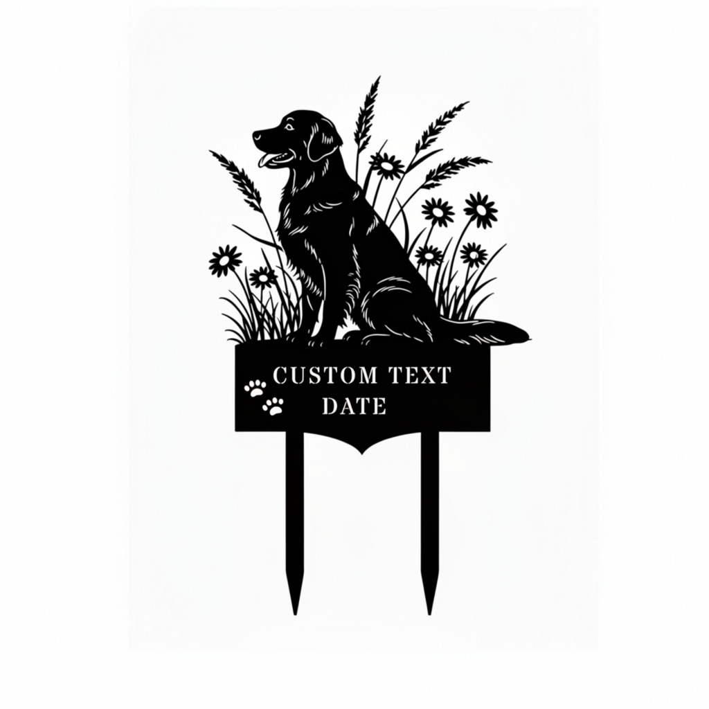 Personalized golden retriever memorial garden stake with name and dates in black steel – image 8