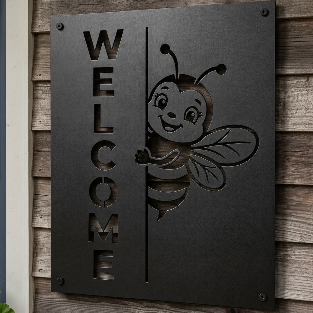 Square bumblebee welcome metal sign in black steel – image 3