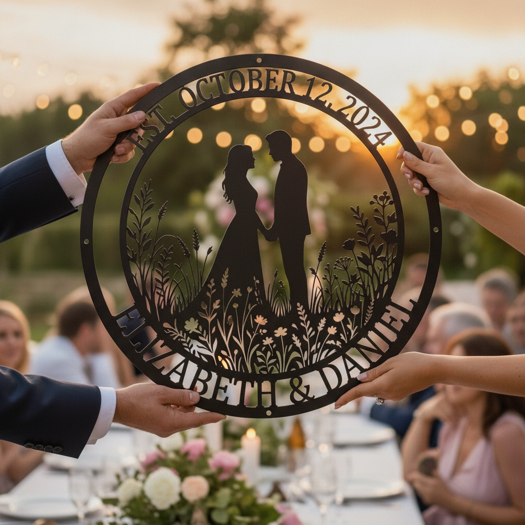 Personalized wedding metal sign with couple names and wedding date in black steel – image 9