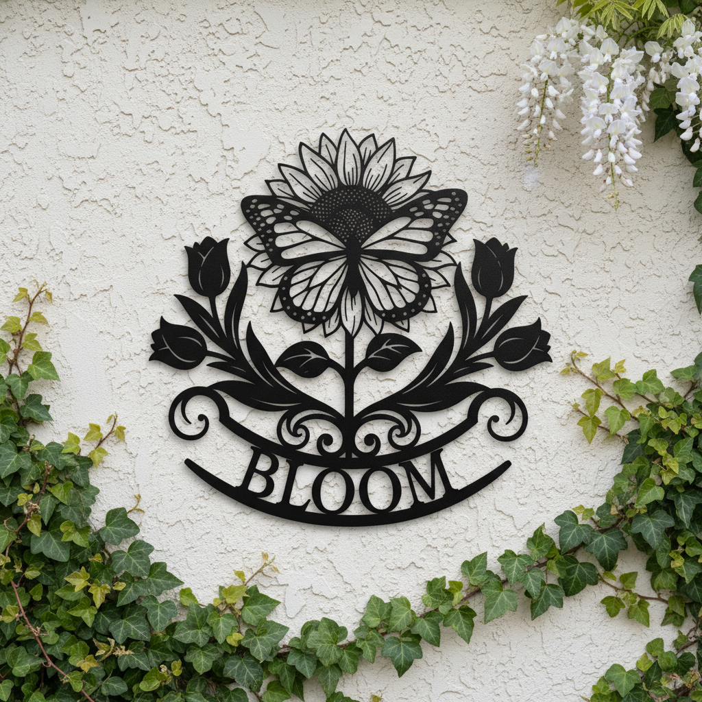 Bloom metal sign with sunflower, tulips and butterfly in black steel – image 7