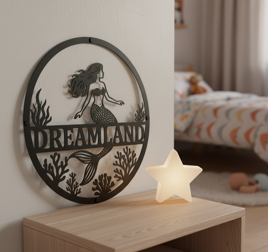 Personalized mermaid kids name sign in black steel for a girls room