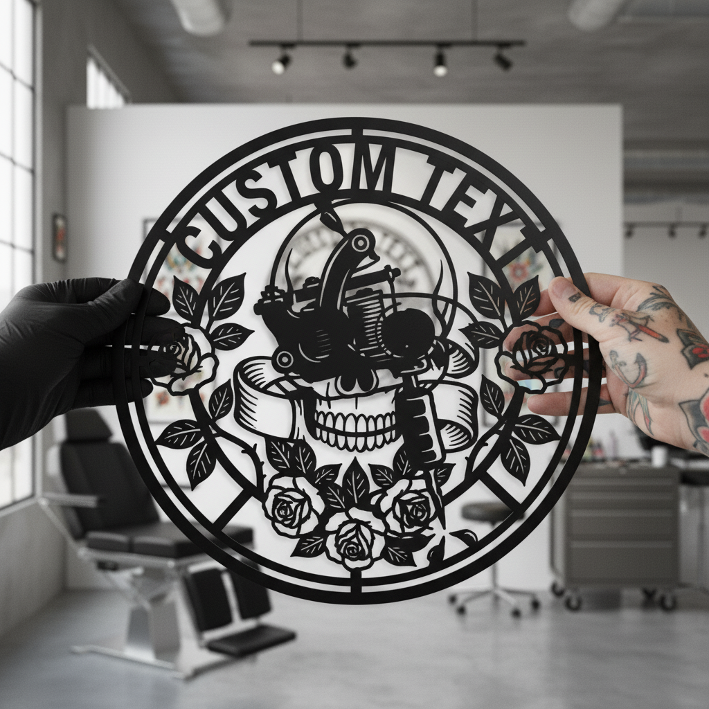 Personalisiertes rundes Tattoostudio Schild mit Totenkopf, Rose und Tattoomaschine – Bild 5