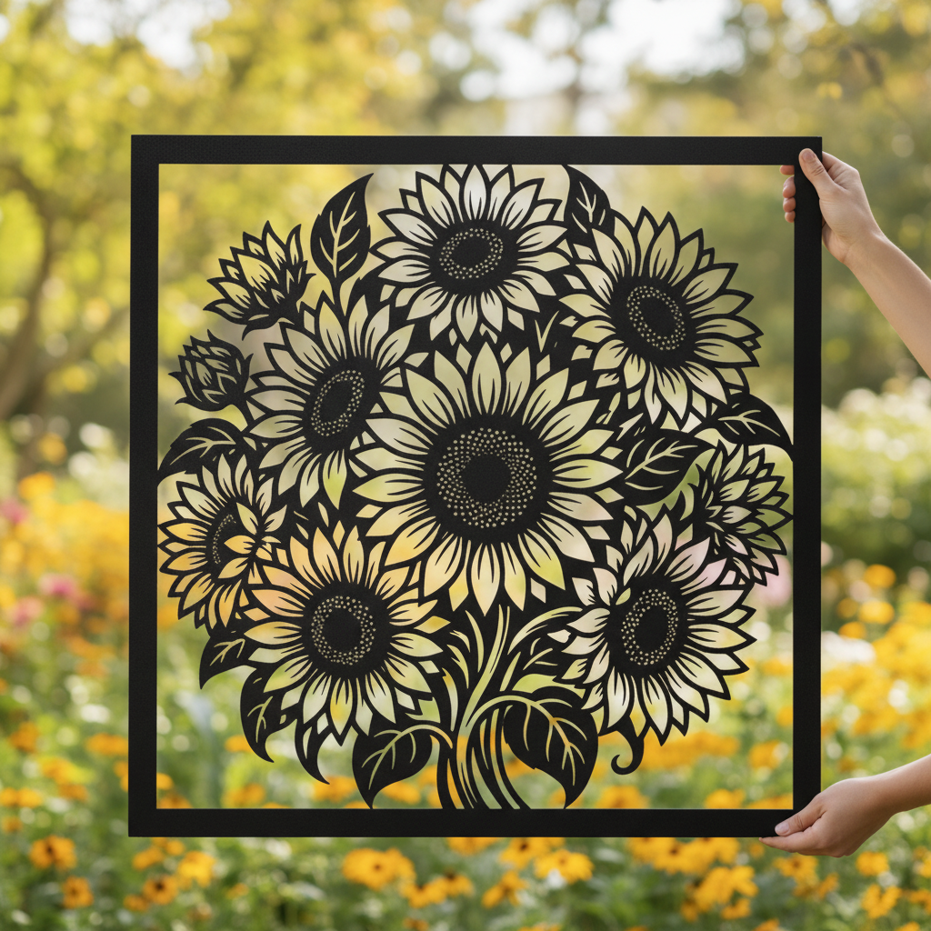 Quadratische Sonnenblumen Wanddeko aus Metall mit Sonnenblumenstrauß aus schwarzem Stahl – Bild 7