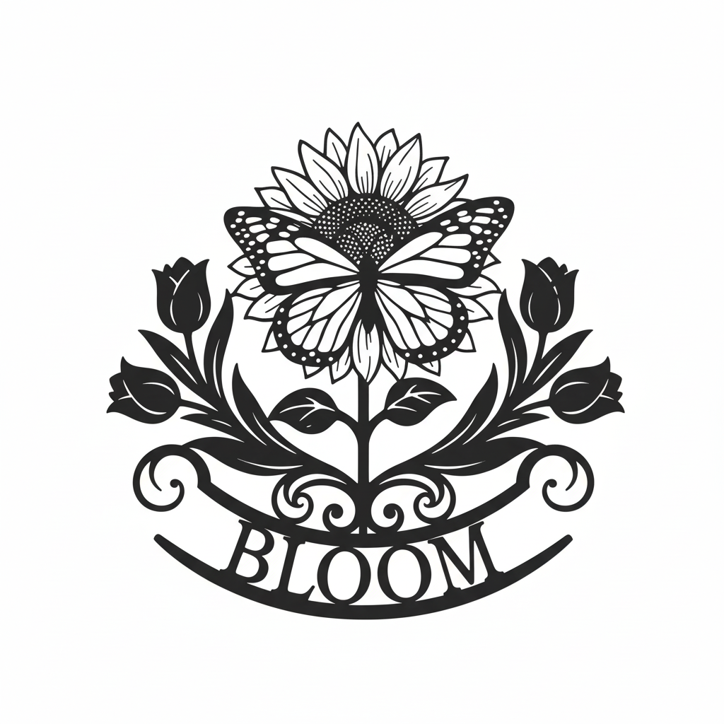 Bloom metal sign with sunflower, tulips and butterfly in black steel