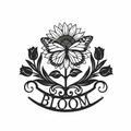 Bloom metal sign with sunflower, tulips and butterfly in black steel