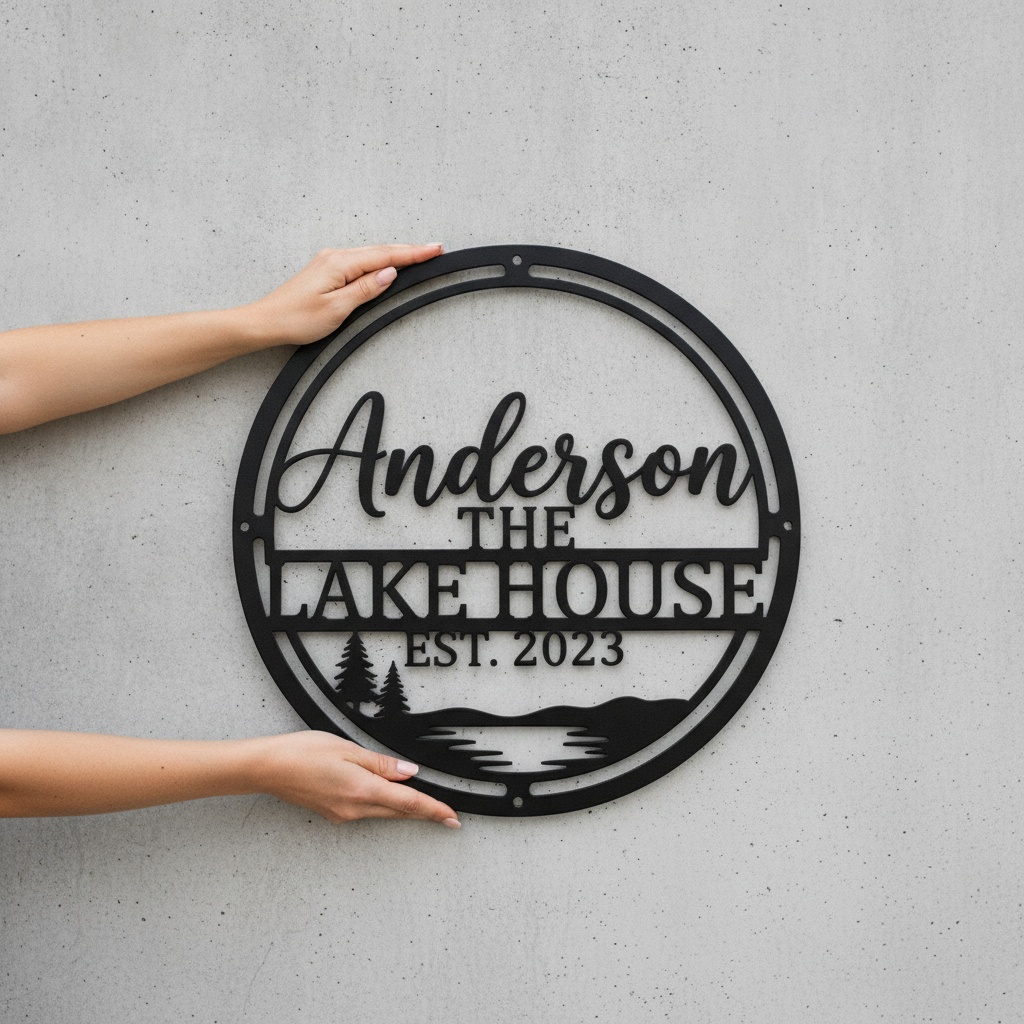 Personalisiertes rundes The Lake House Metallschild mit Familienname und Jahr aus schwarzem Stahl – Bild 6