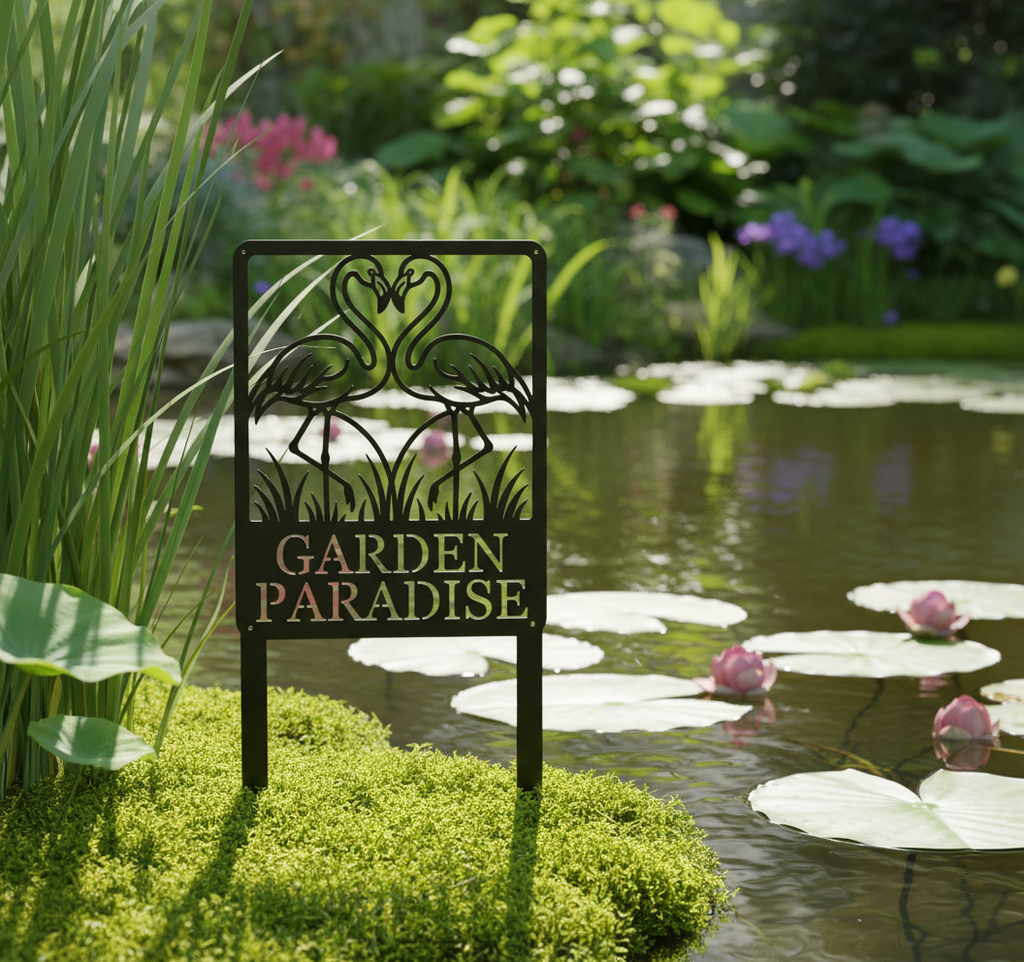 Personalized flamingo couple garden stake with name in black steel – image 6