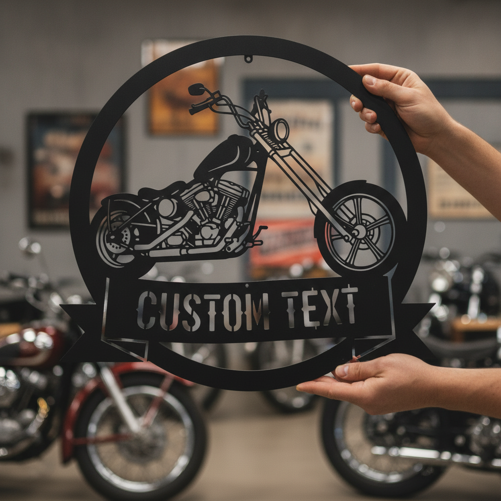 Personalized chopper motorcycle garage sign with name in black steel – image 6