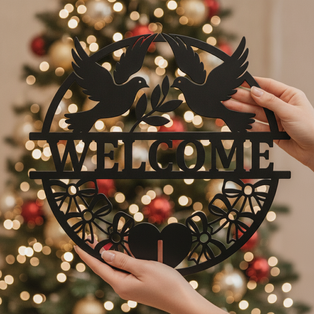 Round welcome sign with two doves and olive branch in black steel – image 10