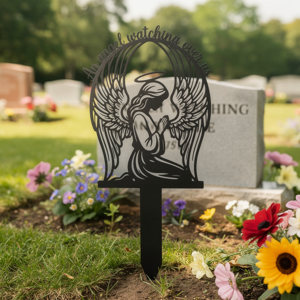 Guardian angel memorial stake with spread wings, An Angel Watching Over Us, black steel – image 9