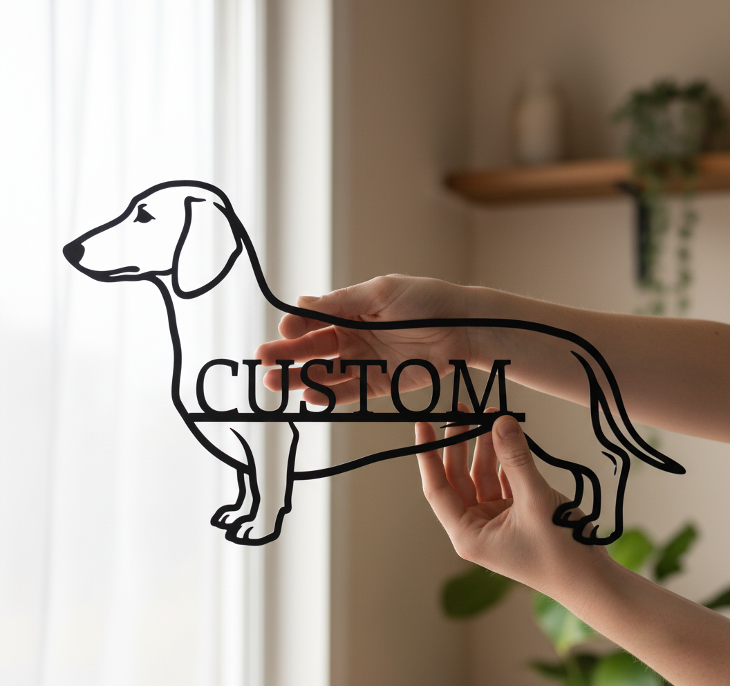 Personalized Dachshund metal sign with dog name in black steel – image 2