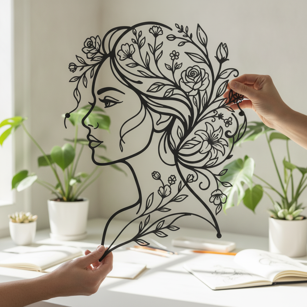 Personalized metal sign of a woman with flowers in her hair in black steel – image 6