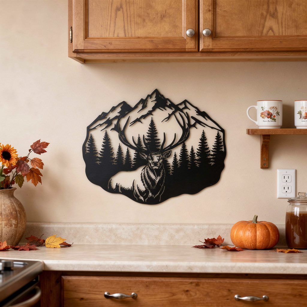 Deer metal sign with stag, mountains and fir trees in black steel – image 2