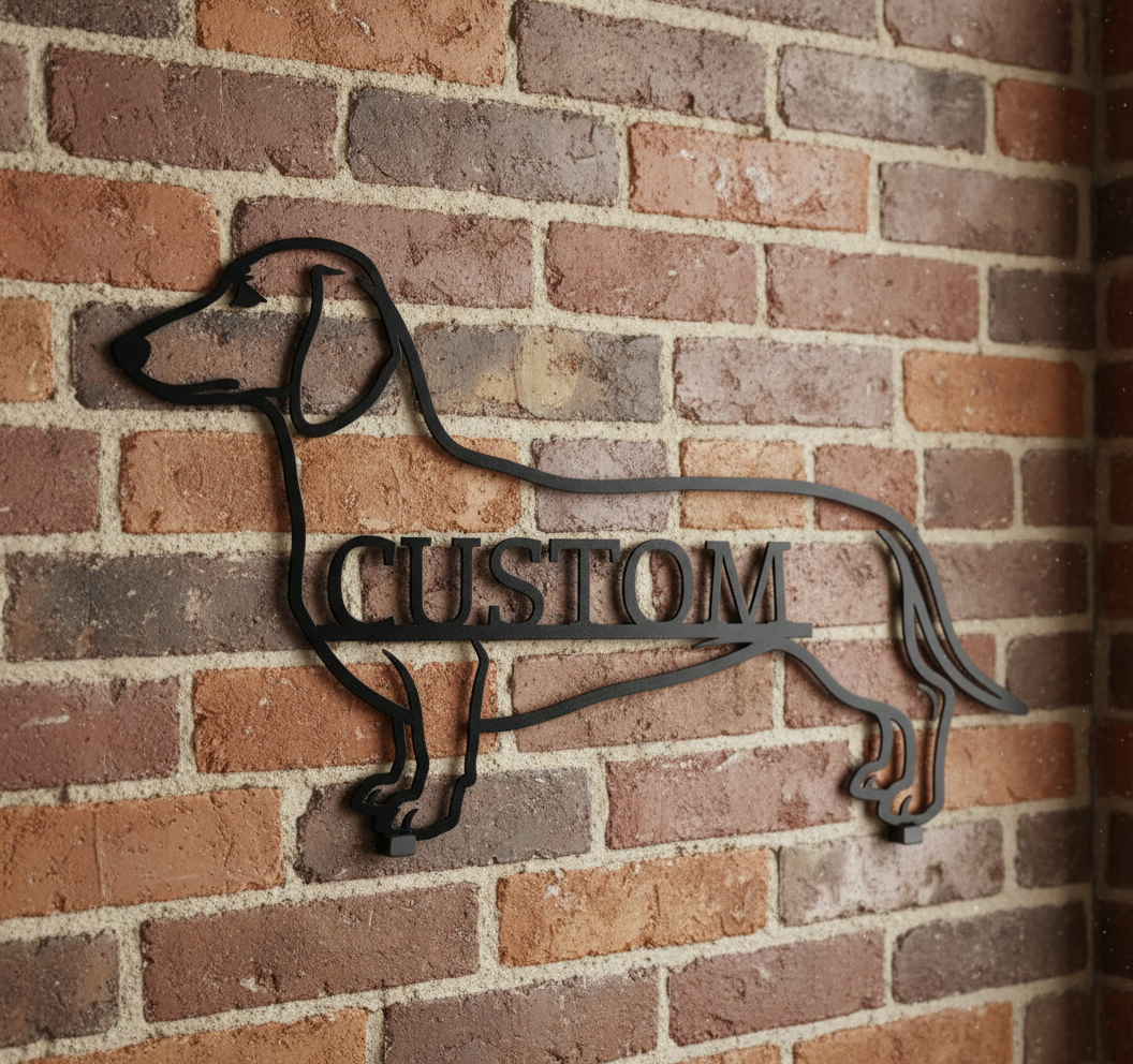 Personalized Dachshund metal sign with dog name in black steel