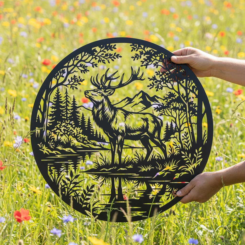 Majestätischer Hirsch mit großem Geweih vor Wald und Fluss, rundes Metallschild aus Stahl – Bild 6